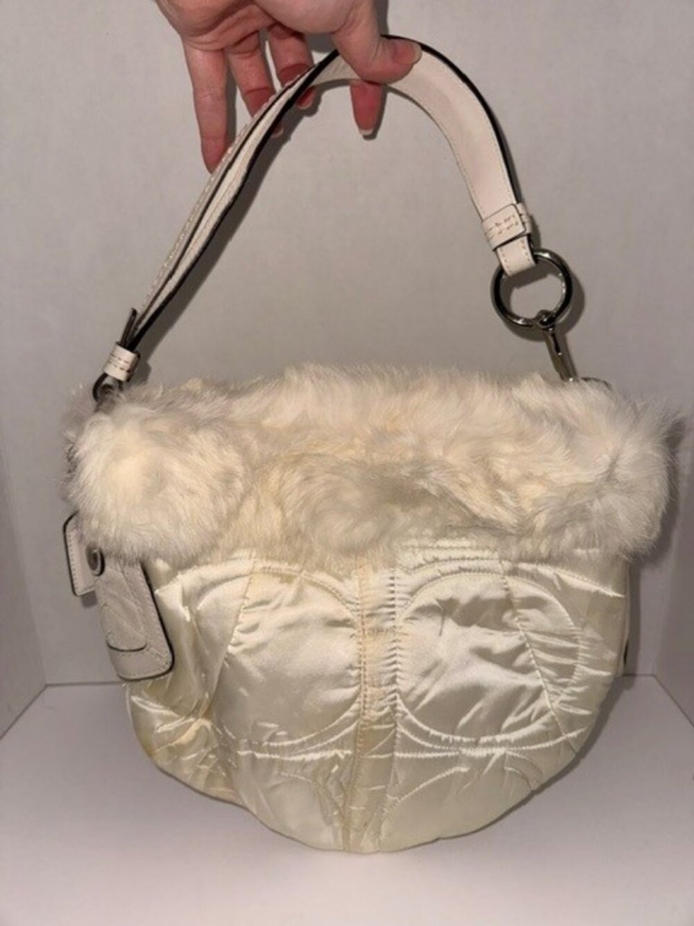 Vintage Coach Y2K Ivory Rabbit Fur Trim Hobo Shoulder Bag + Dust Bag
